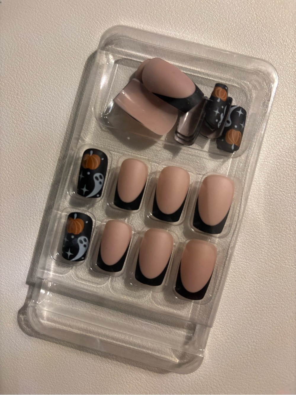 Matte Nude & Black Halloween Press-On Nails with Pumpkin Accent